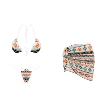 Imagem de Yewattles Conjunto de biquíni triangular, 3 peças, com saída de sarongue para mulheres, biquíni com cordão de amarrar no pescoço, Clássico asteca, GG