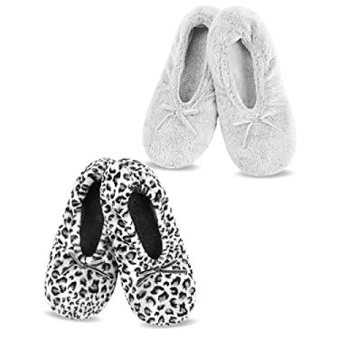 Imagem de Panda Bros 2 pares de chinelos femininos de bailarina, antiderrapante, confortáveis e quentes, estilo balé, Leopardo cinza e cinza, 5-7.5
