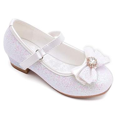 Imagem de Furdeour Sapatos Mary Jane, damas de honra, saltos, sapatos de princesa com glitter para crianças, Branco, 1 Big Kid