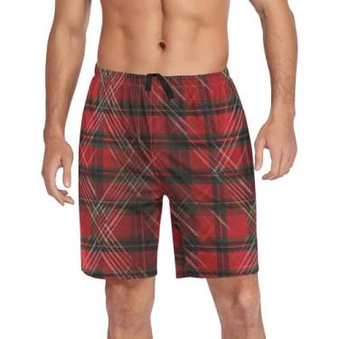 Imagem de CHIFIGNO Calças de pijama masculinas, shorts de pijama para dormir, shorts de treino com bolsos e cordão, Xadrez vermelho, GG