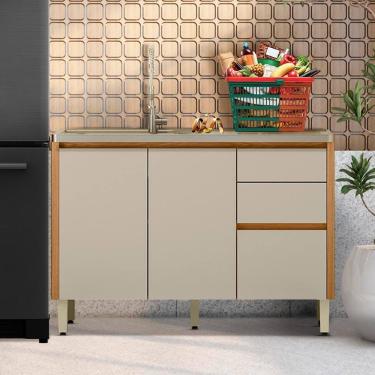 Imagem de Balcão Sem Tampo Para Pia 2 Portas 3 Gavetas Multiuso 120 cm Nature Off White Michel Shop JM