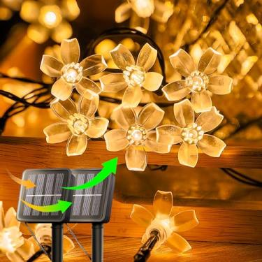 Imagem de oopswow Cordão de luzes de flores solares, pacote com 2 50 lâmpadas solares de LED à prova d'água, flores de cerejeira para cerca, pátio, quintal, árvore de Natal, gramado, pátio, decoração de jardim
