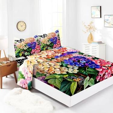Imagem de Bhoyctn Jogo de lençol King com 4 peças, folhas de plantas, flores, colorido, lençol de cima estampado com bolso profundo de 40,6 cm, 100% microfibra, ultramacio e agradável à pele