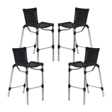 Imagem de 4 Banquetas Em Alumínio Fortaleza Alta Com Encosto Para Cozinha Edícula E Balcão Preto