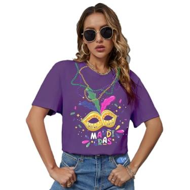 Imagem de Camiseta feminina Mardi Gras It's Mardi Gras Y'all with My Gnomies Flamingo com 3 peças de colar no pacote, Roxo 1, XXG