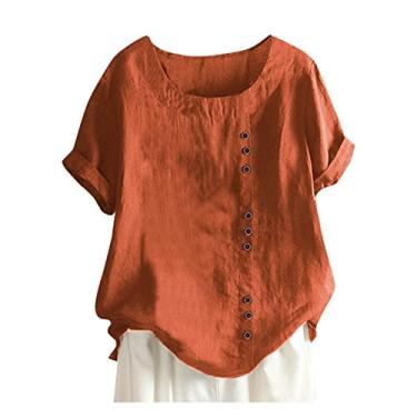 Imagem de Camiseta feminina de linho, cor lisa, gola redonda, botões, manga curta, caimento solto, túnica de verão, Laranja, G