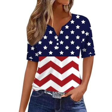 Imagem de Camiseta feminina 4th of July bandeira americana listras estrelas tops verão patriótico Memorial Day túnica gola V manga curta, Azul escuro, 3G