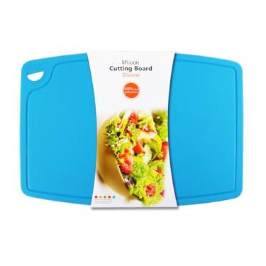 Imagem de Liflicon Tábuas de corte de silicone grosso extra grande para cozinha 35 x 26 cm Tábuas de cortar flexíveis/tapetes antiderrapantes com ranhura profunda para suco, lavável na lava-louças - azul