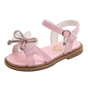 Imagem de Sandálias para meninas da moda primavera verão sandálias infantis para meninas Flat Open Toe Strass sólido laço estilo princesa, rosa, 11.5 Big Kid