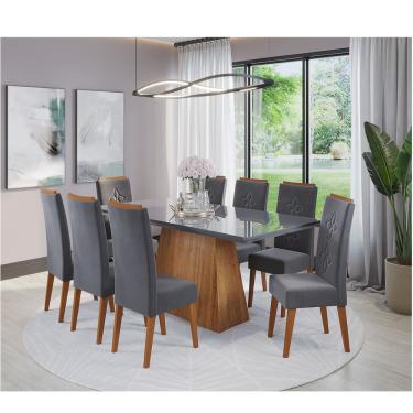 Imagem de Mesa de Jantar Retangular Perini Com 8 Cadeiras Flora em Madeira Maciça Cobre/Vd Grafite/Grafite - Casa Giulia