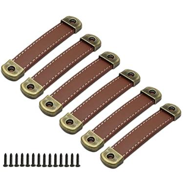 Imagem de Puxadores de gaveta de couro com folha de ferro com capacidade de rolamento aprimorada, Sinyiol 6 peças puxadores de armário caixa de madeira puxa caixa de presente puxador de couro com parafusos de