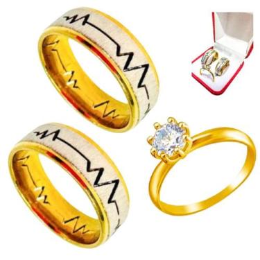 Imagem de Par Alianças Batimentos Risco 6mm Banhada Ouro 18k + Anel Solitário 2m