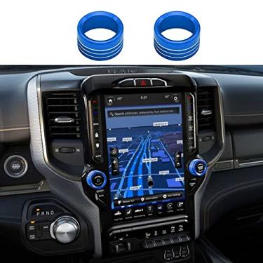 Imagem de Thor-Ind Capa de botão de rádio compatível com Dodge Ram 2019 2020 2021 2022 tela do console central áudio volume controle interruptor botão botão acabamento anel 2 peças (azul)