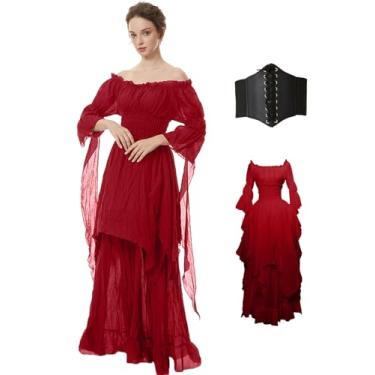 Imagem de BITSEACOCO Vestido feminino medieval vitoriano tomara que caia, fantasia de chemise irlandesa, vestido longo de fada renascentista, Vinho tinto, P
