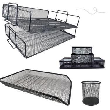 Imagem de Kit escritório bandeja empilhável organizador mesa porta caneta bandej