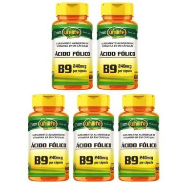 Imagem de KIT C/5 Un. Vitamina B9 Ácido Fólico 500mg 300 Caps Vegano - Unilife