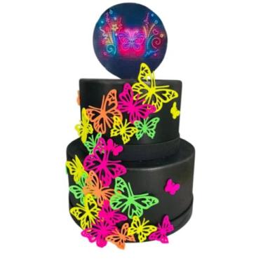 Imagem de Bolo fake borboletas neon - Catavento Festa dos Sonhos