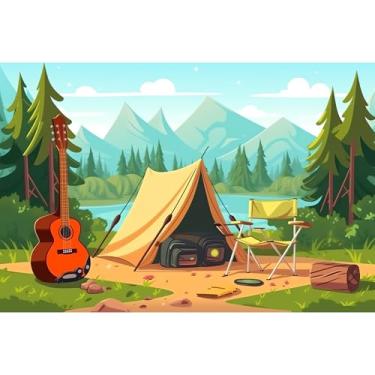 Imagem de Cenário de acampamento com desenho animado, montanha, floresta, lago, cenário para fotografia ao ar livre, com tema de barraca de campista, tema de festa de aniversário, cenário de escalada, trilhas,