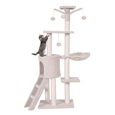 Imagem de PETSITE Árvore para gatos de 136 cm para ambientes internos, torre de gatos de vários níveis com postes e escada de sisal, árvore alta para gatos com poleiro superior, rede, condomínio para gatos e
