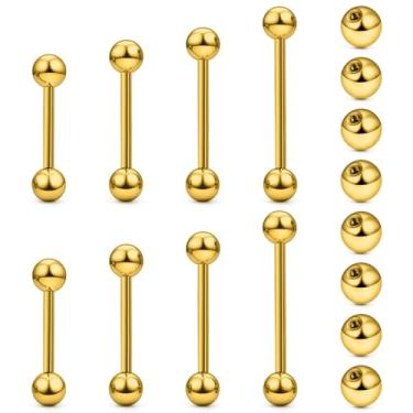 Imagem de Msndnkwo Anéis de língua de mamilo de aço inoxidável 14G 16G Piercing de barra longa curta prata preto ouro ponte piercings para mulheres homens 12 mm 14 mm 16 mm 18 mm comprimento, tamanho da bola 5