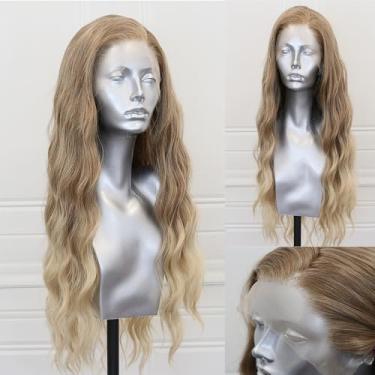 Imagem de ELESTY Perucas Sintéticas De Renda Frontal Loira Ombré 13X4, Pré-Arrancadas, Linha Fina Natural, Sem Cola, Longas E Onduladas, 100% De Fibra Resistente Ao Calor, Perucas Sintéticas Onduladas À Água