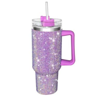 Imagem de HWISDMIG Copo de 1,134 g com alça cravejada com tampa e canudo isolado de aço inoxidável copo de água de parede dupla caneca de viagem garrafa de água Tumblr para mulheres (lilás)