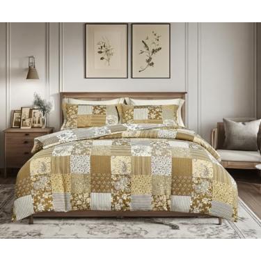 Imagem de SLEEPBELLA Conjunto de edredom Queen de musselina de camada dupla lavada, 100% algodão, boêmio, amarelo, patchwork, fofo, grosso, macio, respirável (1 edredom, 2 fronhas)
