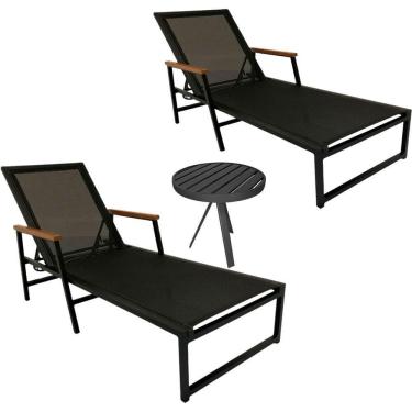 Imagem de Kit 2 Espreguiçadeiras Alumínio E Tela Sling Amélia Braços De Madeira + Mesa Lateral Ripada Preto