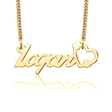 Imagem de LuxglitterLin Colar com nome de coração personalizado, banhado a ouro 18 K, joia personalizada para mulheres com corrente de elos, Metal, Cristal sintético