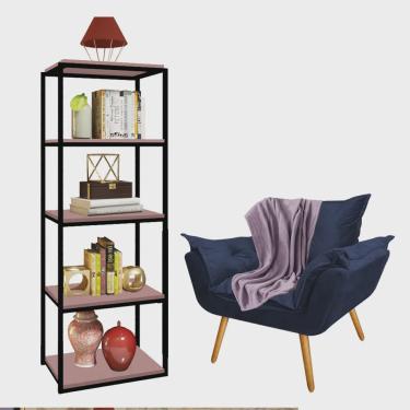 Imagem de Kit Poltrona Fatte com Manta Soft Lilás e Estante Livreiro Ferro Preto mdf Rose Suede Azul Marinho - Ahz Móveis