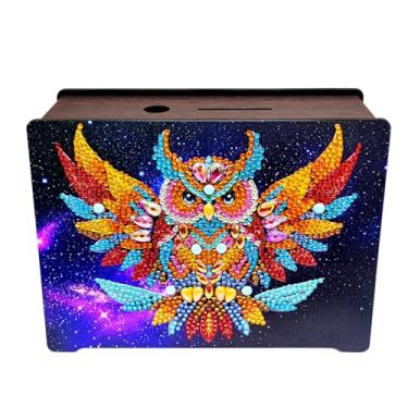 Imagem de LXTONG Kit de cofrinho de arte de diamante de coruja voadora, pintura de diamante de coruja de flor, caixa de desafio de economia de dinheiro de madeira, caixa de poupança de dinheiro de coruja com