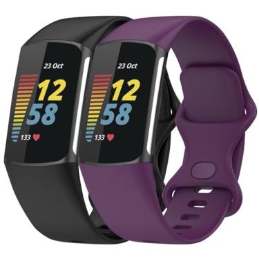 Imagem de Anuoli Pacote com 2 pulseiras compatíveis com Fitbit Charge 6 Charge 5, pulseira de substituição de silicone macio para mulheres e homens (preto_roxo, pequeno (14 a 19,8 cm)