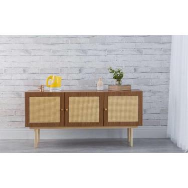 Imagem de Balcão Buffet Pés Palito Madeira 3 Portas Mdf E Palhinha Estilo Retrô 