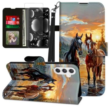 Imagem de BREIDMKFM Capa para celular Galaxy A16 5G com protetor de tela e suporte, suporte para cartão e alça de pulso, carteira flip de couro com proteção magnética para capa de celular Samsung A16, cavalo