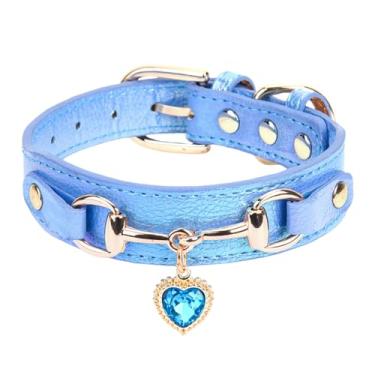 Imagem de THAIN Coleira de cachorro moderna com diamantes brilhantes e pingente de coração – Colar de strass de couro PU ajustável com 5 furos, fivela dourada para cães pequenos e médios menino (azul, P)