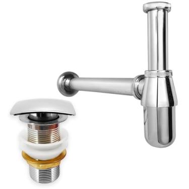 Imagem de Dona D Cor, Kit Sifão Copo Cromado Metal 1 1/4 E Valvula Click Quadrada Inox 40mm Kit Pia Lavatório Cuba Banheiro Sifão Aparente Luxo