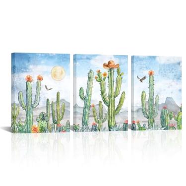 Imagem de DuoBaorom Decoração de quarto infantil cowboy impressão de cacto do deserto em tela 3 peças arte de parede Saguaro paisagem imagem 30,5 x 40,6 cm
