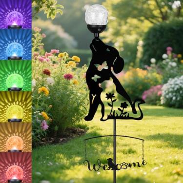 Imagem de GIBMIDSER Estacas solares de jardim ao ar livre com luz de bola de cristal estátua de cachorro de metal preto para cachorro preto pátio jardim estacas decorativas com lanterna solar, presentes de