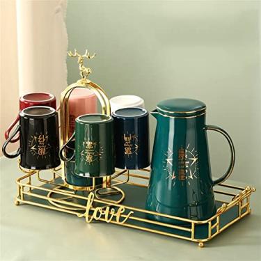 Imagem de Conjunto de copo de água de chaleira fria Conjunto de chá de flor de chá da tarde nórdico conjunto de água de cerâmica com bandeja (Cor: A, Tamanho: conjunto de 6 xícaras)