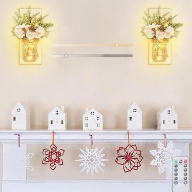 Imagem de Luminária de parede LED Mason Jar 2 peças lâmpada de parede rústica regulável com controle remoto base de madeira maciça frasco de vidro arandela luzes de fadas e rosa casa sala de estar casamento