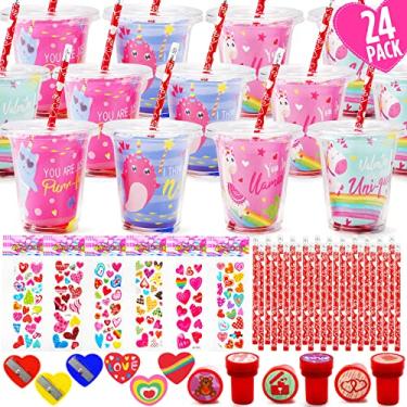Imagem de Valentines Day Gifts for Kids - 24 Pack Valentines Day Stationery Gift with Cards Pencils Stickers Erasers Stampers Sharpener Cups Classroom Prize School Exchange Boys Girls Party Favors