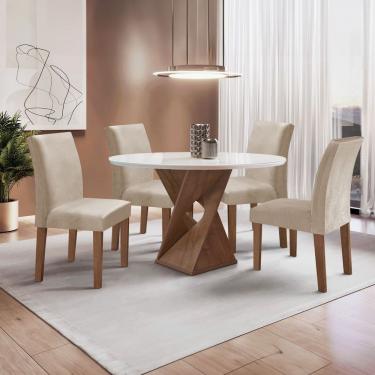 Imagem de Conjunto Mesa Barcelona 100cmx100cm 4 Cadeiras Espanha Tampo Slim Plus Redondo Vidro Yescasa Chocolate Off White Bege