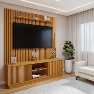 Imagem de Conjunto Rack Arezzo 180cm Com Painel Ripado Com Led Para Tv De Até 75 Polegadas Com Led Paris Naturalle