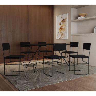 Imagem de Mesa Jantar Retangular Industrial Trama 1,50x0,90m Preta Com 6 Cadeiras Estofadas Pretas Vitória Preto