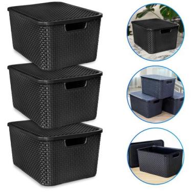 Imagem de Kit 3 Caixas Organizadora Rattan 7 Litros C/ Tampa Preta - Arqplast