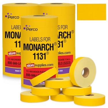 Imagem de Perco Etiquetas de preço amarelas para Monarch 1131 Price Gun – 3 mangas, 24 rolos – 60.000 etiquetas de marcação de preço – com rolos de tinta incluídos