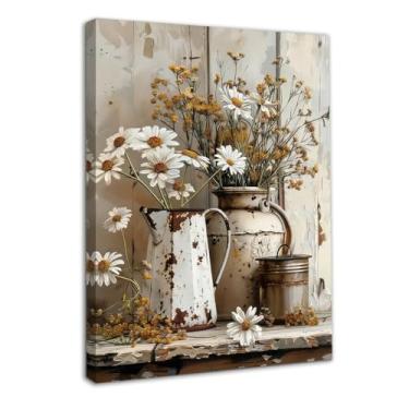 Imagem de Dazzlewall Arte de parede de margarida rústica emoldurada decoração de parede de casa de banho vintage arte de parede em tela country para quarto banheiro cozinha 30,5 x 40,6 cm