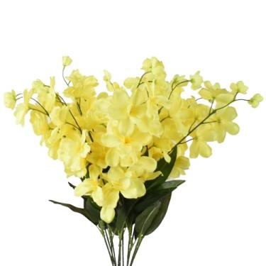 Imagem de HOKPA 68 cm hastes artificiais de orquídea, 12 peças, flores de orquídeas turquesa de seda amarela para casamento, buquê de noiva, coroa de flores, centro de mesa, decoração ao ar livre