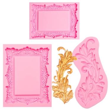 Imagem de Conjunto de moldes de silicone com moldura vintage, moldura estilo barroco, moldes de penas de chocolate para decoração de bolos, fondant doces, argila de biscoito, artesanato, rosa, 3 peças
