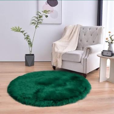 Imagem de duduta Tapete redondo de pele de carneiro sintética verde esmeralda 1,2 x 1,2 m, pele felpuda fofa quarto berçário crianças sala de jogos tapete círculo decoração de dormitório antiderrapante lavável